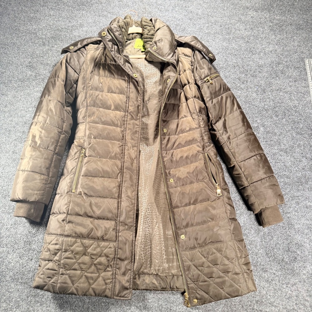 Sam Edelman Puffer Parka Down Fill Faux Fur Hood Winter Coat XS Brown Womens